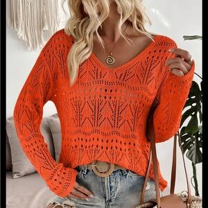 Vibrant Orange Lace Knit Top